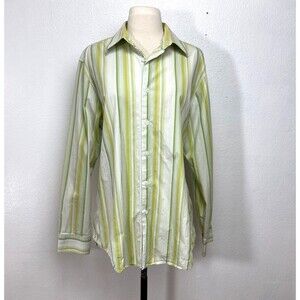 INC International Concepts Woman Shirt Blouse Large Green Stripes Cotton Western